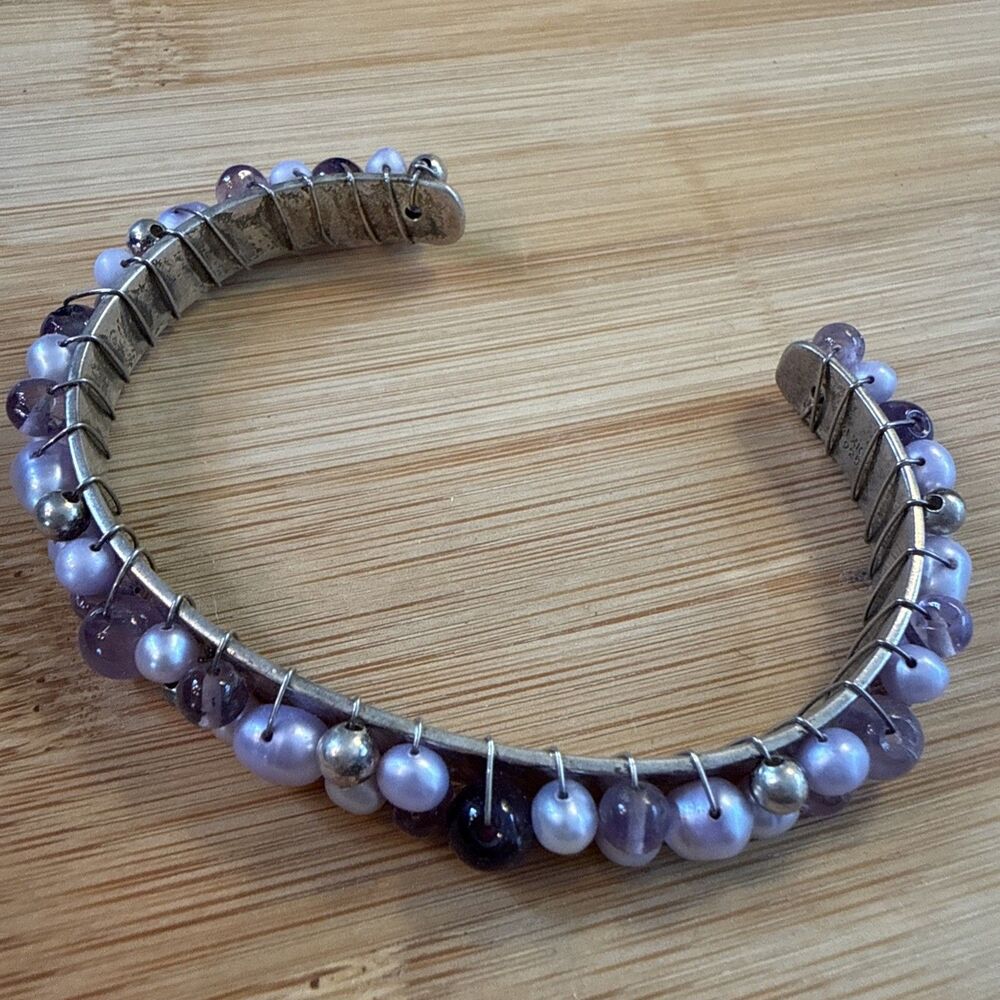 LAVENDER PURPLE PEARL BEAD WIRED BRACELET ON 925 SILVER BANGLE CUFF